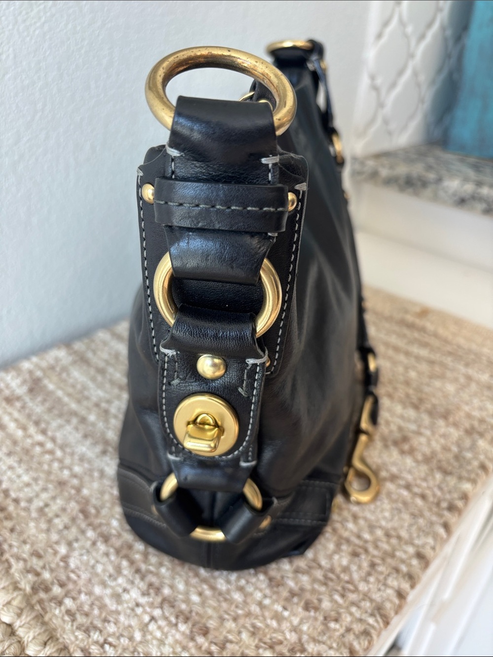 Coach Carly Black Leather Shoulder Bag with Gold Hardware - Picture 7 of 16